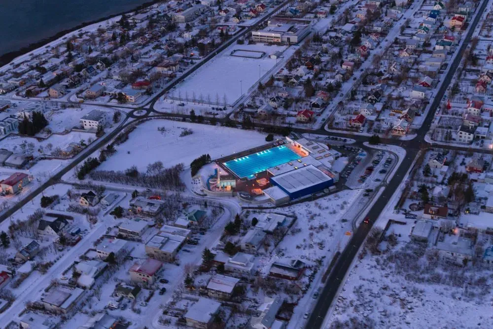 Aerial view of snowy Reykjavík neighbourhoods