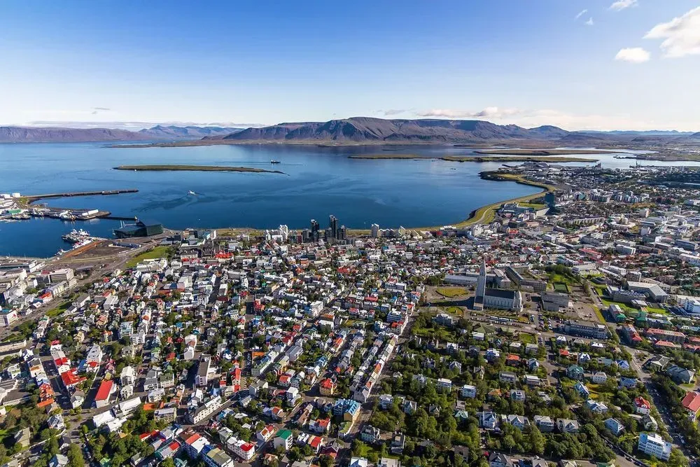 Aerial view of central Reykjavík and the bay