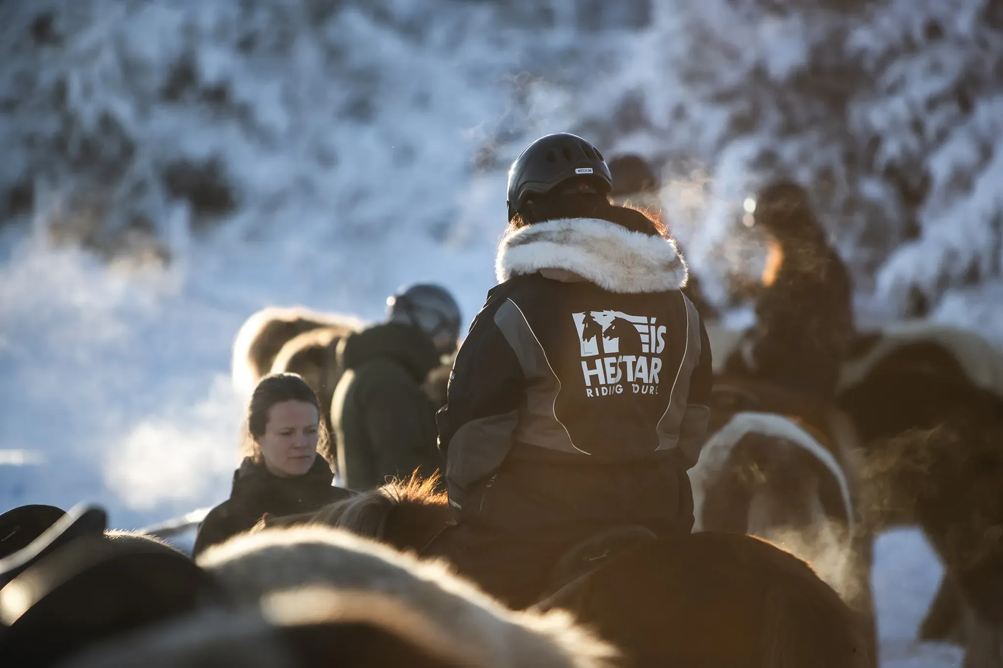 Riders on Icelandic horses in sunlit snow