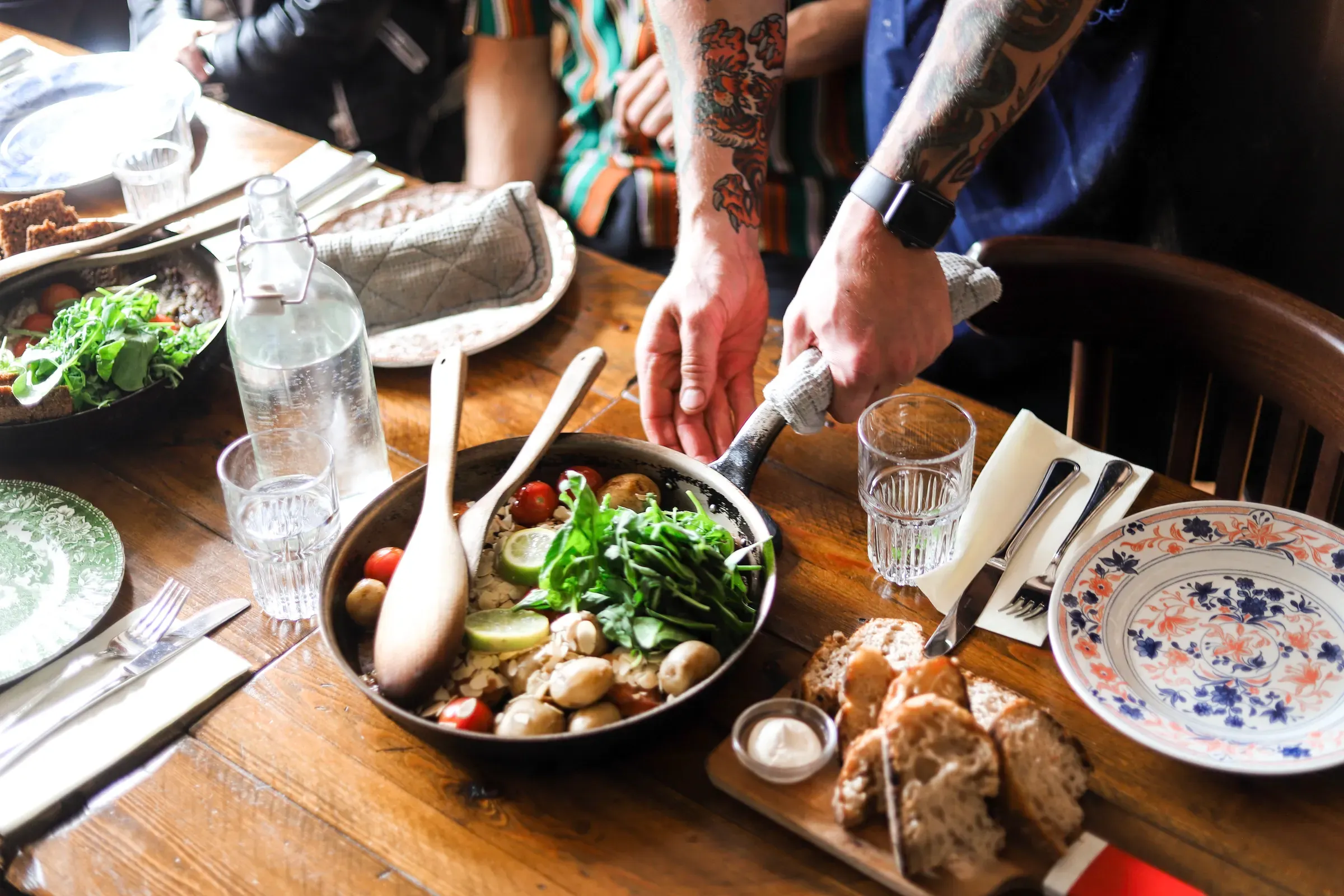 Shared pan of Icelandic food on a restaurant table