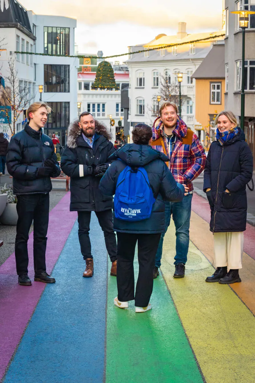 Food walk group on Reykjavík's rainbow street